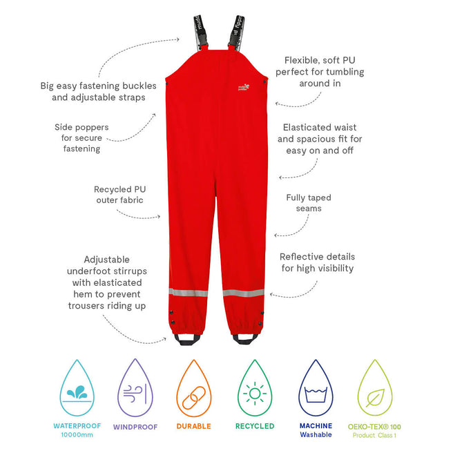 Red Rainy Day Waterproof Dungarees with easy fastening buckles, adjustable straps, elasticated waist and reflective details.